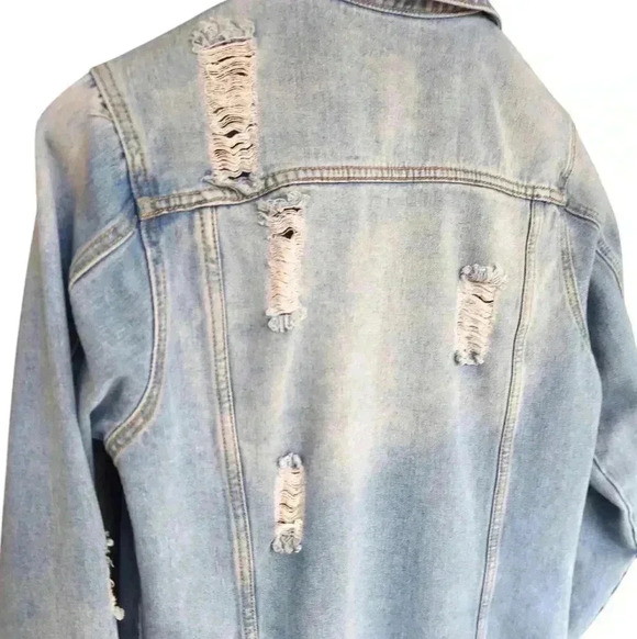 Trendy Like New Distressed Denim Maxi Jacket Blue Jean Duster - Picture 5 of 6